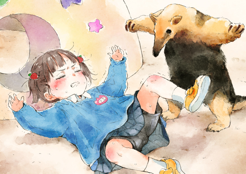 1girl animal anteater black_shorts black_skirt blue_shirt blush brown_hair clenched_teeth closed_eyes collared_shirt commentary_request food-themed_hair_ornament gomennasai hair_ornament kindergarten_uniform long_sleeves lying on_back original parody pleated_skirt shirt shoes short_shorts shorts shorts_under_skirt skirt socks solo star_(symbol) strawberry_hair_ornament sweat teeth trembling twintails white_socks yellow_shoes