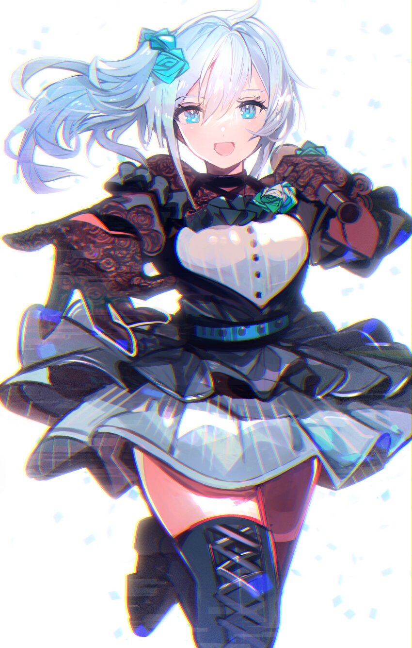 1girl absurdres belt black_dress black_thighhighs blue_belt blue_eyes blue_flower blue_hair blue_rose blue_scrunchie boots breasts dress flower gloves grey_dress grey_hair hair_between_eyes highres holding holding_microphone lace lace_gloves large_breasts leg_lift long_hair microphone nijisanji open_clothes open_dress open_mouth outstretched_arm outstretched_hand pleated_dress rose scrunchie side_ponytail smile standing standing_on_one_leg striped_clothes striped_dress tarbo_(exxxpiation) thigh_boots thighhighs thighs vertical-striped_clothes vertical-striped_dress virtual_youtuber white_background yukishiro_mahiro yukishiro_mahiro_(3rd_costume) zettai_ryouiki