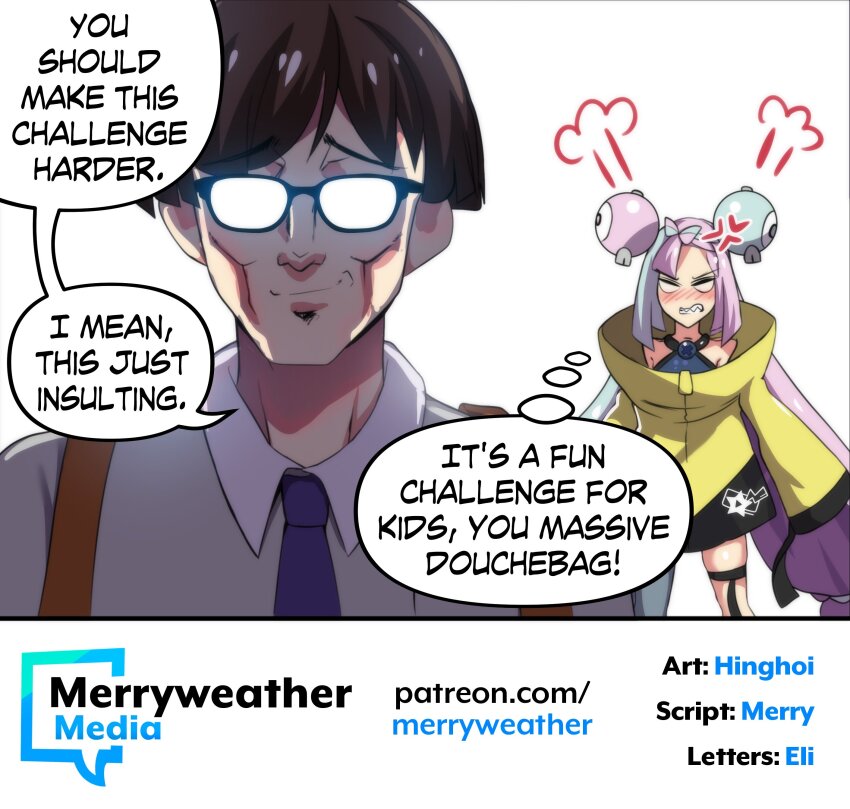 1boy 1girl absurdres anger_vein angry armpit_crease artist_name asymmetrical_bangs backpack bag bare_shoulders behind_another black-framed_eyewear black_border blank_eyes blue_hair blue_shirt blunt_ends blush border bow-shaped_hair brown_hair character_hair_ornament closed_mouth collared_shirt commentary credits english_commentary english_text eyelashes facing_viewer gen_1_pokemon glass glasses grey_pantyhose grey_shirt hair_ornament halterneck highres hinghoi iono_(pokemon) jacket legs_apart long_hair long_sleeves low-tied_long_hair magnemite merryweather necktie nintendo nose nose_blush opaque_glasses oversized_clothes pantyhose pokemon pokemon_sv puff_of_air purple_hair purple_necktie school_uniform sharp_teeth shirt short_hair single_leg_pantyhose sleeveless sleeveless_shirt sleeves_past_fingers sleeves_past_wrists smirk smug speech_bubble standing talking teeth thigh_strap thinking thought_bubble uva_academy_school_uniform very_long_hair watermark web_address white_background yellow_jacket