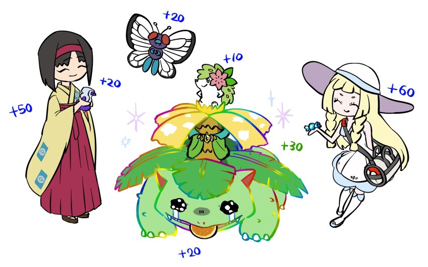 2girls alternate_color arm_behind_back bag black_hair blonde_hair blunt_bangs braid butterfree closed_eyes closed_mouth crying crying_with_eyes_open dress duffel_bag erika_(pokemon) gen_1_pokemon gen_4_pokemon giving hakama hakama_skirt hat highres japanese_clothes kimono legendary_pokemon lillie_(pokemon) long_hair long_sleeves meruru_gu multiple_girls mythical_pokemon nintendo okobo parted_bangs platform_sandals pokemon pokemon_tcg pokemon_tcg_pocket potion_(pokemon) rare_candy red_skirt sandals shaymin shaymin_(land) shiny_pokemon short_hair skirt sleeveless sleeveless_dress smile socks sparkle sun_hat tears tongue tongue_out twin_braids venusaur white_background white_dress white_socks yellow_kimono