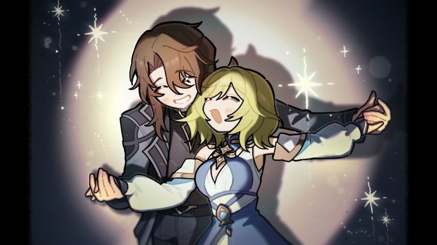 1boy 1girl armpit_crease behind_another belt black_belt black_border blonde_hair blue_dress blue_gemstone blush border breasts brown_hair closed_mouth coat couple curtained_hair dancing detached_sleeves dress facing_another facing_down gem genshin_impact grey_coat grey_pants grey_sleeves grey_vest grin hair_intakes hair_over_one_eye height_difference hetero holding_hands lapels large_breasts layered_dress long_sleeves mandarin_collar open_clothes open_coat open_mouth outstretched_arms pants pillarboxed rerir_(genshin_impact) shadow short_hair smile spotlight spread_arms tholindis_(genshin_impact) uwu_illust214 vest white_dress white_sleeves