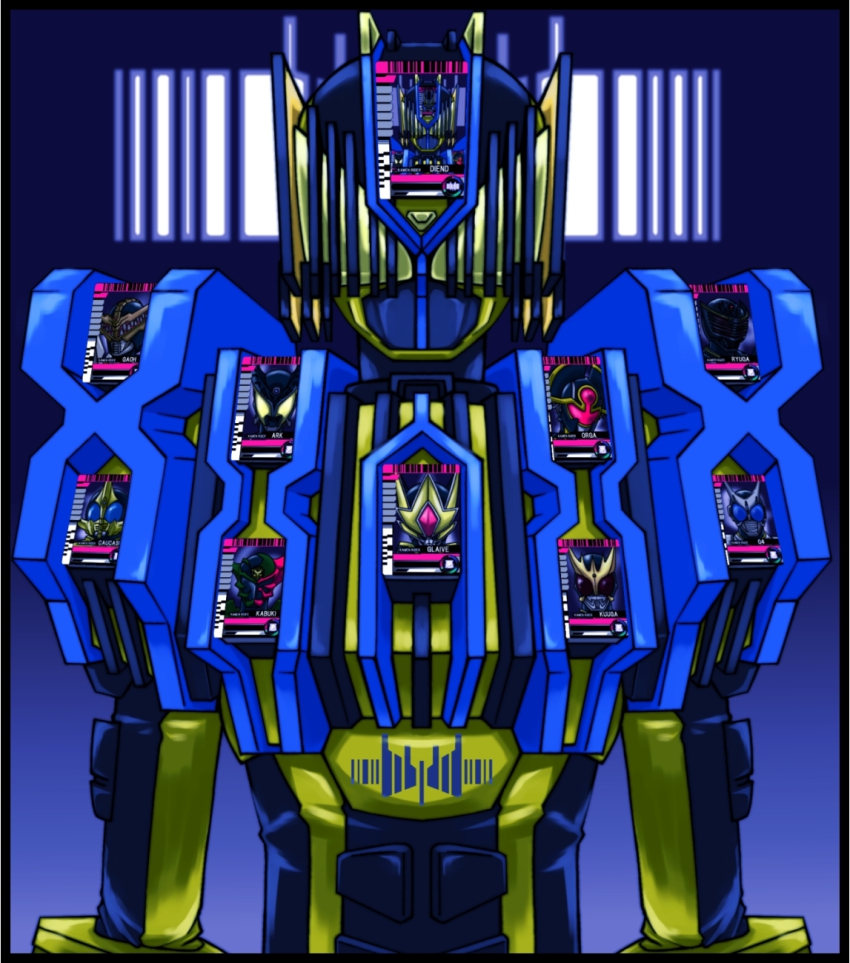 blue_background card gekoge_satoru gkg666 highres kamen_rider kamen_rider_555 kamen_rider_agito_(series) kamen_rider_arc kamen_rider_blade_(series) kamen_rider_caucasus kamen_rider_dcd kamen_rider_den-o_(series) kamen_rider_diend kamen_rider_g4 kamen_rider_gaoh kamen_rider_glaive kamen_rider_hibiki_(series) kamen_rider_kabuki kamen_rider_kabuto_(series) kamen_rider_kiva_(series) kamen_rider_kuuga kamen_rider_kuuga_(series) kamen_rider_orga kamen_rider_ryuga kamen_rider_ryuki_(series) machinery no_humans simple_background