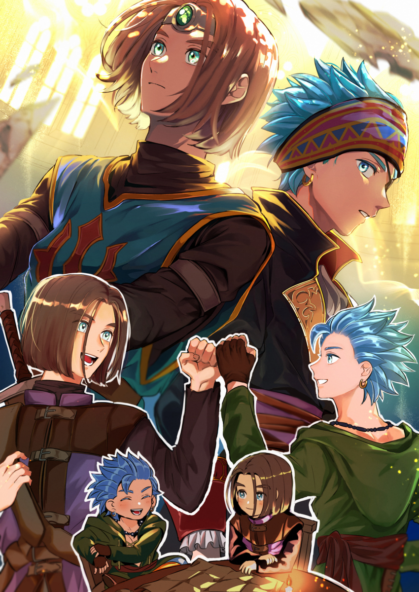 2boys absurdres aqua_eyes armlet ascot bead_necklace beads black_jacket black_shirt blue_eyes blue_hair blue_tabard blush brown_gloves brown_hair camus_(dq11) candle circlet commentary_request cosplay couple dragon_quest dragon_quest_xi earrings eyepatch fingerless_gloves fist_bump gem gloves gold_earrings green_gemstone green_tunic grey_ascot hairband hero_(dq11) highres hoop_earrings jacket jewelry looking_at_another looking_to_the_side male_focus multiple_boys multiple_persona necklace official_alternate_costume open_mouth parted_hair profile red_sash roche_(dq11) roche_(dq11)_(cosplay) sash shirt silver_armlet silver_circlet single_bang sitting smile spiked_hair sword sword_on_back tabard tunic user_muvx7483 weapon weapon_on_back window yaoi