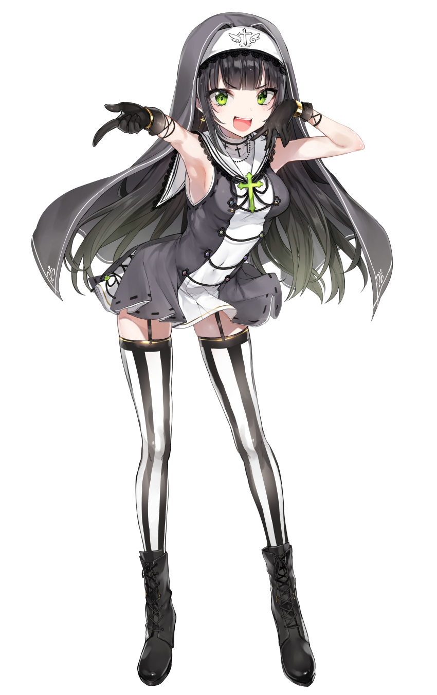 1girl absurdres armpits black_boots black_gloves black_hair boots bracelet breasts commentary_request cross cross_earrings dress earrings fangs female_focus full_body garter_straps gloves green_eyes habit hands_up highres hirado_motoe jewelry lace-up_boots long_hair looking_at_viewer medium_breasts nekometaru official_art onsen_musume open_mouth short_dress simple_background sleeveless smile solo standing striped_clothes striped_thighhighs thighhighs turtleneck vertical-striped_clothes vertical-striped_thighhighs white_background zettai_ryouiki