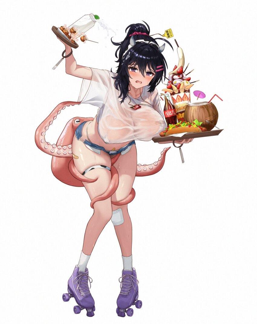 1girl ahoge animal_print banana bandaid bandaid_on_leg bandaid_on_pussy barcode bikini black_hair blush bottle bottle_cap bracelet breast_rest breasts brown_dust_(series) brown_dust_2 cleavage cocktail_umbrella coconut coconut_cup commentary cow_horns cow_print cross-laced_clothes cross-laced_legwear denim denim_shorts drinking_straw exposed_pocket food fruit full_body furrowed_brow gauze gauze_on_knee hair_between_eyes hair_intakes hair_ornament hairband hairclip highres holding holding_tray horns hot_dog irorong jewelry ketchup knees_together_feet_apart large_breasts legs loen_(brown_dust_2) looking_at_viewer loose_clothes loose_shirt medium_hair micro_shorts milk milk_bottle mustard octopus open_fly open_mouth parfait pendant pink_scrunchie pocky ponytail purple_eyes roller_skates scrunchie see-through_cleavage see-through_clothes see-through_shirt shirt shorts sidelocks skates skindentation socks soda soda_bottle solo spilling spoon strawberry_parfait struggling suction_cups sweat swimsuit tag takoyaki tentacles thigh_strap tray unkempt very_sweaty wet white_shirt white_socks wince
