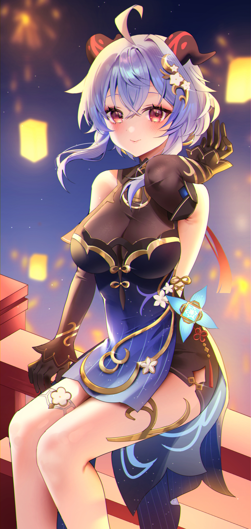 1girl absurdres ahoge bare_shoulders black_dress black_gloves blue_dress blue_hair breasts commentary detached_sleeves dress emduck ganyu_(genshin_impact) ganyu_(twilight_blossom)_(genshin_impact) genshin_impact gloves goat_horns gradient_clothes gradient_dress hair_ornament highres horns long_sleeves looking_at_viewer official_alternate_costume official_alternate_hairstyle purple_eyes sideless_dress sleeveless sleeveless_dress smile solo thighs