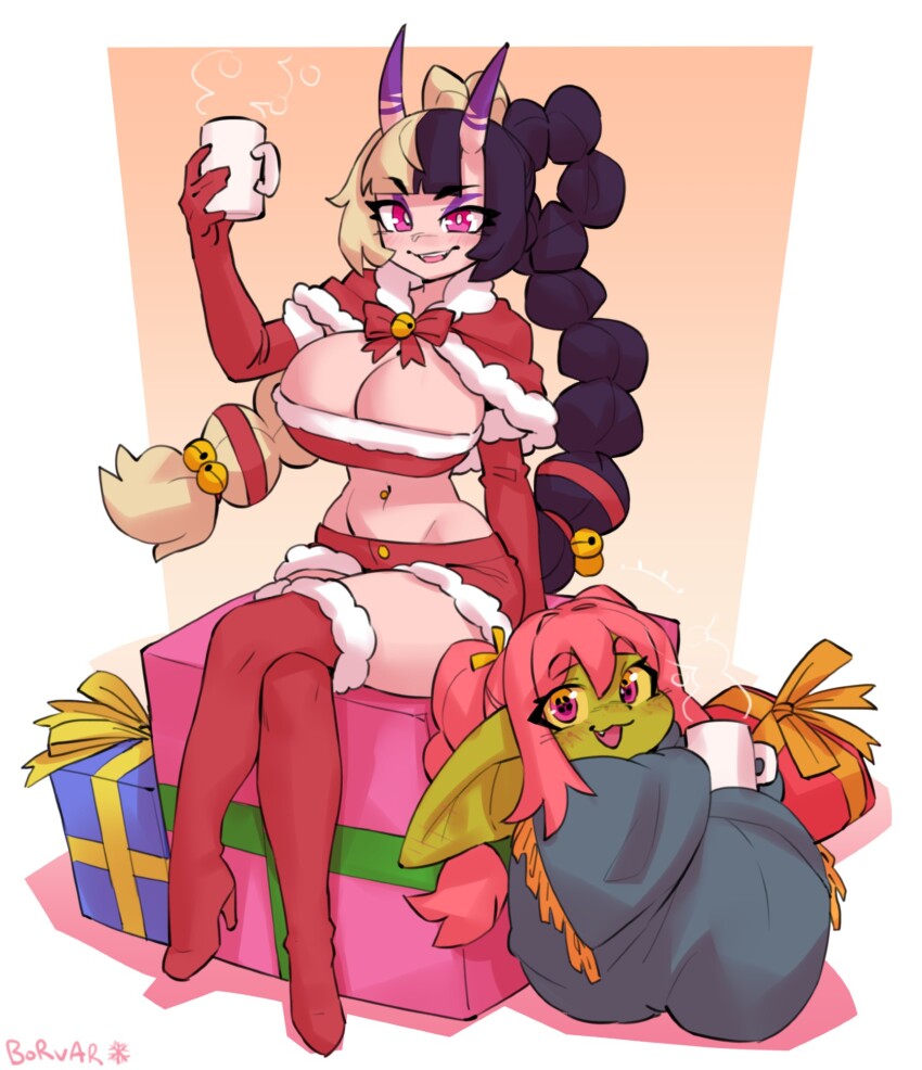 2girls artist_name ayaka_(athighhighguy) ayaka_(charismabard) bell blonde_hair blush boots borvar box breasts capelet cleavage coffee_mug commission crop_top cup eyebrows_hidden_by_hair female_goblin full_body fur-trimmed_boots fur-trimmed_capelet fur-trimmed_shorts fur_trim gift gift_box gloves goblin groin hair_bell hair_ornament hair_rings highres holding holding_cup horns jingle_bell large_breasts large_ears long_hair looking_at_viewer mug multicolored_hair multiple_girls navel nixi on_box open_mouth original pink_eyes pink_hair purple_hair red_boots red_capelet red_gloves red_shorts second-party_source shadow shorts simple_background sitting sitting_on_box skin-covered_horns smile stomach two-tone_hair very_long_hair wrapped_in_blanket