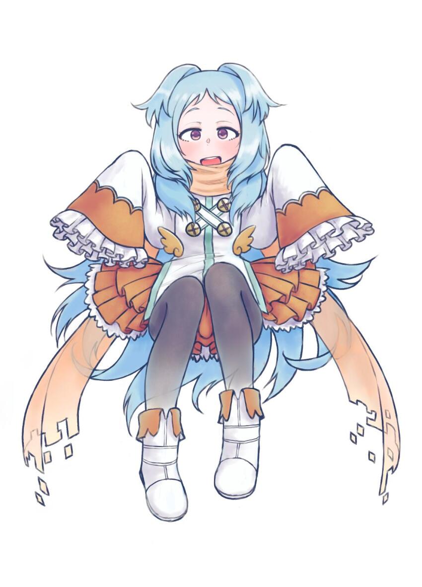 1girl black_pantyhose blue_hair boots commentary_request full_body highres jacket layered_skirt long_hair miyako_(princess_connect!) open_mouth orange_scarf orange_skirt pantyhose pleated_skirt princess_connect! purple_eyes scarf skirt sleeves_past_fingers sleeves_past_wrists solo takeomi_(shitamatsuge) two_side_up very_long_hair white_boots white_jacket