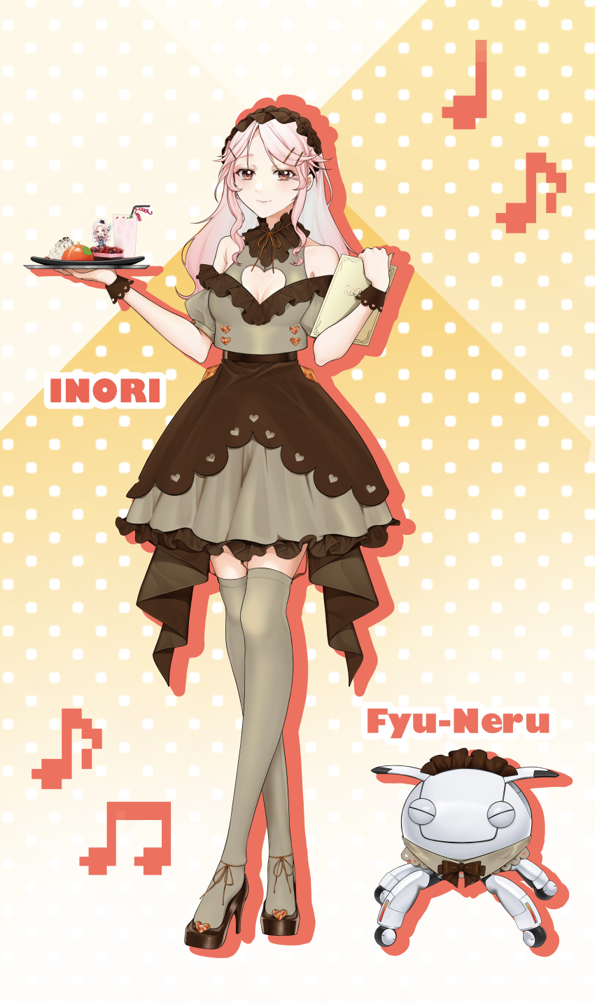 1girl 1other absurdres acrylic_stand_(object) alternate_hairstyle bare_shoulders beamed_eighth_notes bikini blush bow bowtie breasts brown_dress brown_wrist_cuffs cleavage clothing_cutout commentary_request crossed_legs cup dress drinking_glass drinking_straw eighth_note english_text food_request frilled_dress frills fyu-neru grey_dress grey_thighhighs guilty_crown hair_ornament hairclip heart heart_cutout high_heels highres holding holding_menu long_hair looking_at_viewer maid_headdress menu musical_note partial_commentary patterned_background pink_bikini pink_hair polka_dot polka_dot_background quarter_note red_eyes sarina_(tosiyukiryousuke) small_breasts smile standing swimsuit thighhighs waitress wrist_cuffs yuzuriha_inori zettai_ryouiki