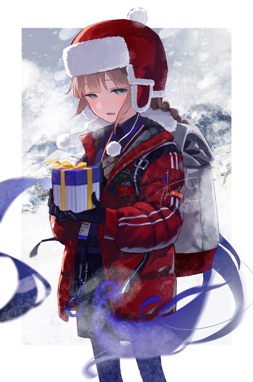 1boy backpack bag black_gloves black_shorts braid captain_nemo_(fate) coat fate/grand_order fate_(series) fomnant fur_hat gift gloves gradient_hair half-closed_eyes hat highres holding holding_gift long_hair male_focus multicolored_hair nemo_(fate) captain_nemo_(santa)_(fate) red_coat shorts signature snow twin_braids ushanka