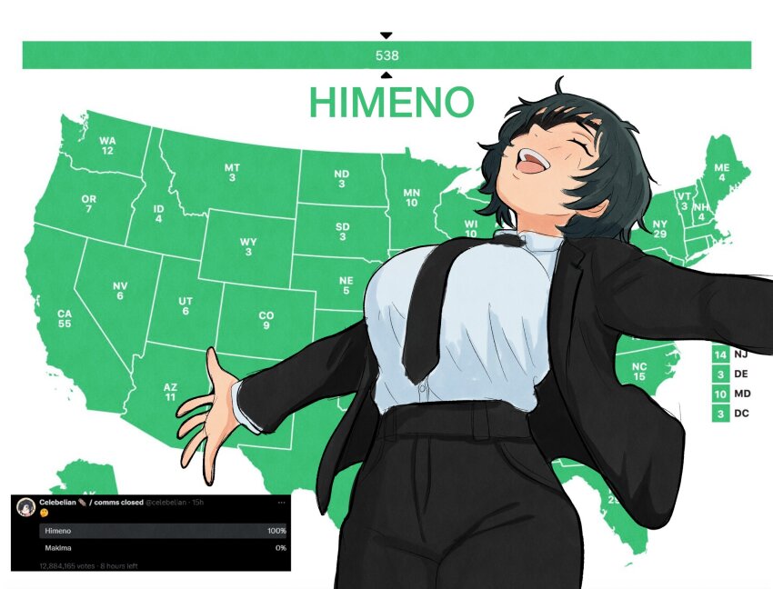 1girl 2024_us_election black_necktie black_suit breasts celebelian chainsaw_man character_name election eyepatch formal_clothes highres himeno_(chainsaw_man) jeb_wins_(meme) map meme necktie shirt short_hair smile solo standing suit united_states white_shirt
