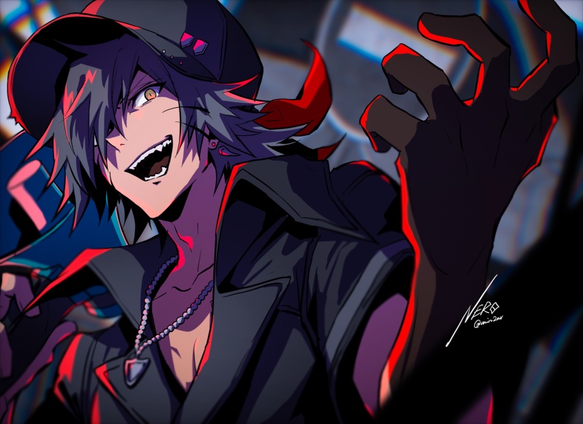1boy bandana baseball_cap collared_jacket dark-skinned_male dark_skin ear_piercing eme_(204) facial_mark grey_hair hat highres holding holding_megaphone jacket jewelry megaphone minamimoto_sho necklace open_mouth pectoral_cleavage pectorals piercing smile spiked_hair subarashiki_kono_sekai tattoo vest waistcoat whisker_markings yellow_eyes