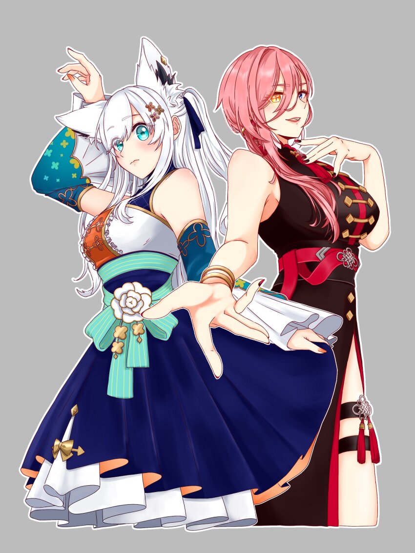 2girls absurdres animal_ear_fluff animal_ears arm_up bare_arms bare_shoulders black_dress blue_dress blue_eyes bracelet breasts china_dress chinese_clothes closed_mouth commentary_request cropped_legs detached_sleeves dress fox_ears fox_girl grey_background hair_between_eyes hand_up heterochromia highres hololive jewelry large_breasts long_hair looking_at_viewer medium_breasts multiple_girls official_alternate_costume official_alternate_hair_length official_alternate_hairstyle pink_hair ringo_21_a shirakami_fubuki shirakami_fubuki_(waitress) simple_background sleeveless sleeveless_dress swept_bangs takane_lui takane_lui_(china_dress) virtual_youtuber white_hair yellow_eyes