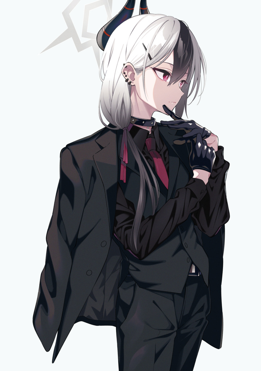 1girl black_choker black_gloves black_hair black_horns black_pants black_shirt blue_archive choker closed_mouth collared_shirt cowboy_shot demon_horns formal_clothes gloves grey_hair grey_halo hair_between_eyes halo highres horns kawakami_shuuichi kayoko_(blue_archive) long_hair long_sleeves multicolored_hair necktie pants red_eyes red_necktie shirt simple_background solo suit white_background