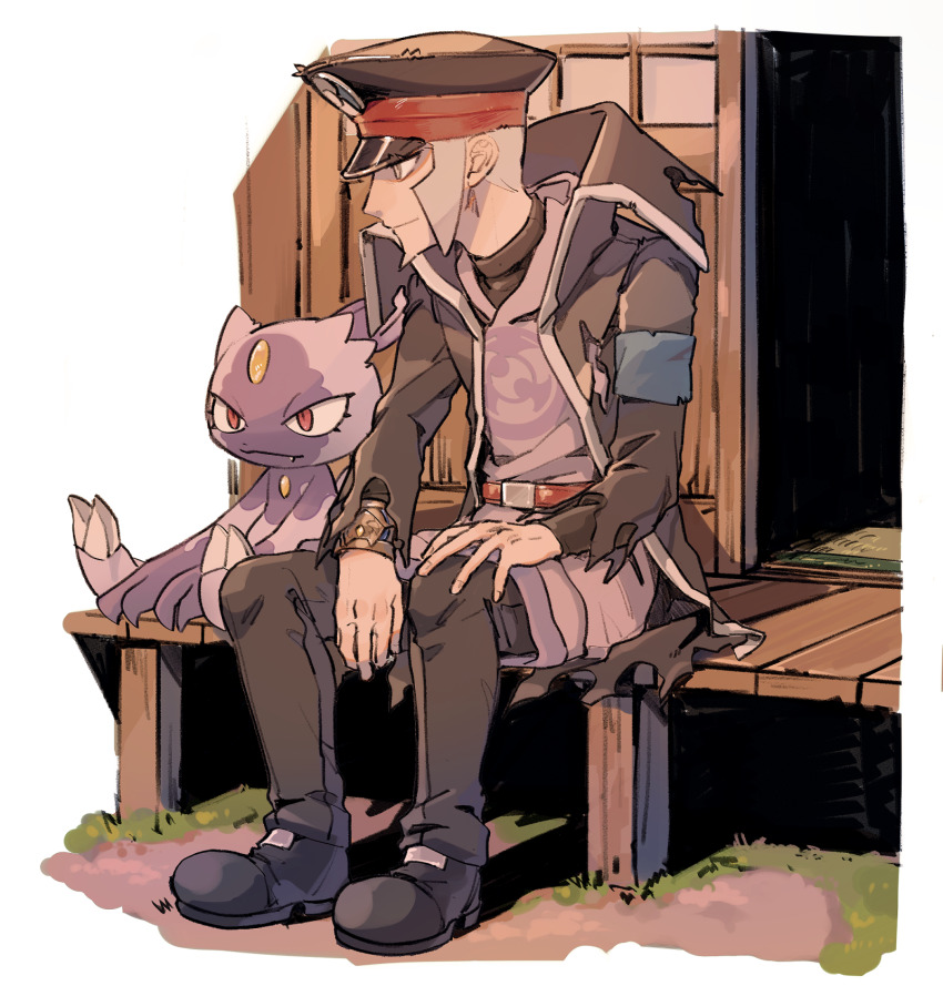 1boy akamtvahosi armband belt black_coat black_hat black_pants black_shoes blue_armband bracelet brown_belt closed_mouth coat collared_coat commentary_request facial_hair fang fang_out goatee grass grey_eyes grey_hair hat highres hisuian_sneasel hood hoodie ingo_(pokemon) jewelry long_sleeves looking_to_the_side male_focus nintendo open_clothes open_coat pants peaked_cap pearl_clan_outfit pokemon pokemon_(creature) pokemon_legends:_arceus purple_hoodie red_eyes shoes short_hair sideburns sitting smile solo torn_clothes torn_coat v-shaped_eyebrows veranda