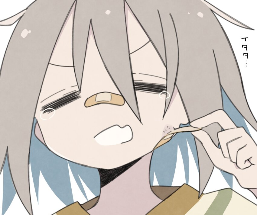 1girl bandaid bandaid_on_face bandaid_on_nose brown_hair close-up closed_eyes commentary_request do_it_yourself!! fang hair_between_eyes hand_up highres icon_315 open_mouth short_hair skin_fang solo tears v-shaped_eyebrows yua_serufu