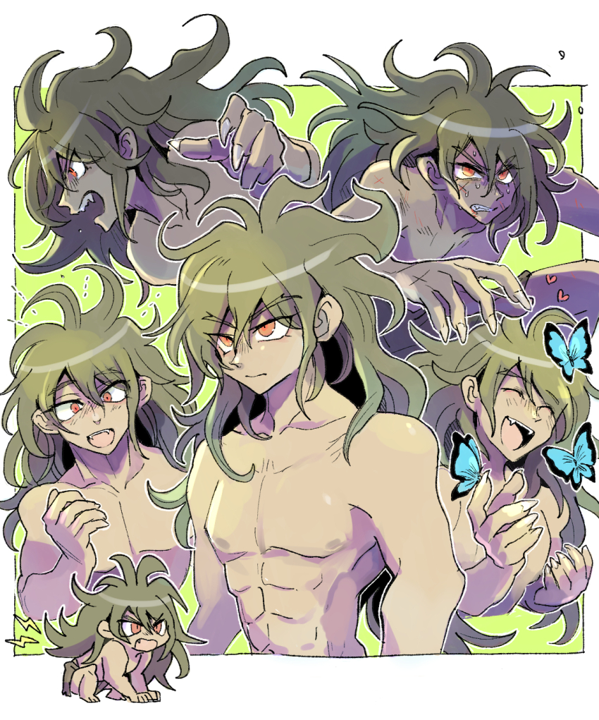 1boy abs blue_butterfly bug butterfly clenched_teeth collarbone danganronpa_(series) danganronpa_v3:_killing_harmony eyelashes fingernails gokuhara_gonta green_hair hair_between_eyes happy heart highres injury insect kumakoro_(tetsupag) long_hair male_focus messy_hair multiple_views open_mouth orange_eyes pectorals sharp_fingernails teeth topless_male v-taper