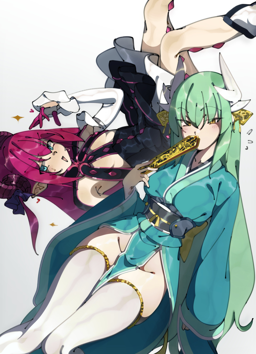 2girls absurdres aqua_kimono blue_eyes breasts curled_horns deko_morii dragon_girl dragon_horns dress elizabeth_bathory_(fate) elizabeth_bathory_(fate/extra) fate/grand_order fate_(series) flat_chest green_hair hand_fan highres horns japanese_clothes kimono kiyohime_(fate) long_hair looking_at_viewer medium_breasts multiple_girls no_panties obi open_mouth pink_hair pointy_ears sash sweat thighhighs thighs yellow_eyes