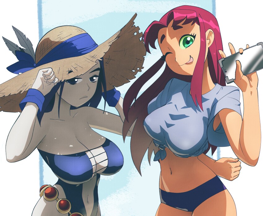 2girls absurdres blue_eyes breasts cellphone dc_comics green_eyes hat highres inker_comics large_breasts long_hair multiple_girls navel one-piece_swimsuit phone raven_(dc) red_hair shirt starfire straw_hat sun_hat swimsuit teen_titans thighs white_shirt