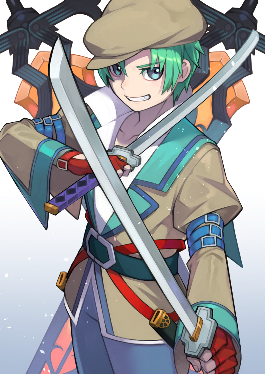 1boy arm_belt belt blue_eyes blue_pants brown_headwear brown_jacket newsboy_cap collarbone dual_wielding durandal_(tales) fingerless_gloves gloves green_hair grin hat highres holding holding_sword holding_weapon jacket light_particles long_sleeves male_focus nyagaichi pants partially_unbuttoned popped_collar puffy_sleeves red_gloves shirt short_hair smile spada_belforma sword tales_of_(series) tales_of_innocence weapon white_shirt