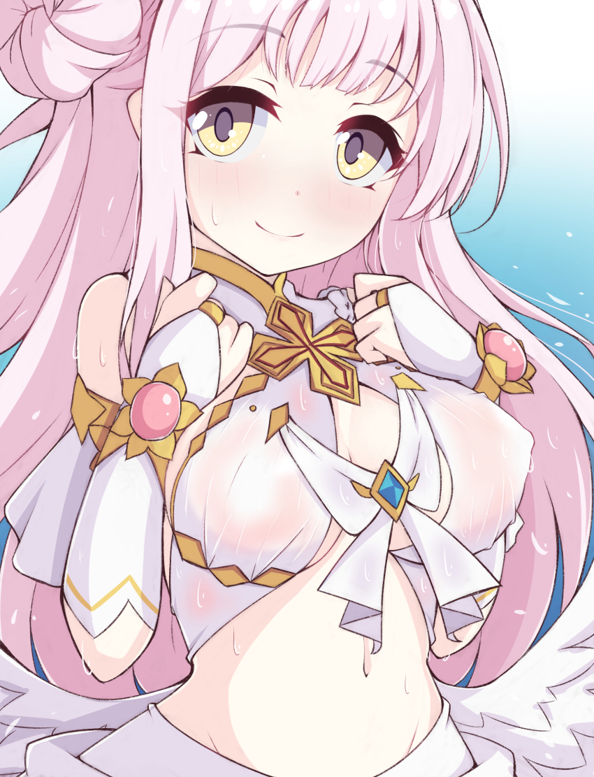 absurdres blue_archive breasts bridal_gauntlets cosplay hair_bun highres kuroha_koudai large_breasts long_hair mika_(blue_archive) navel pink_hair princess_connect! revealing_clothes smile yellow_eyes yui_(ceremonial)_(princess_connect!) yui_(princess_connect!) yui_(princess_connect!)_(cosplay)
