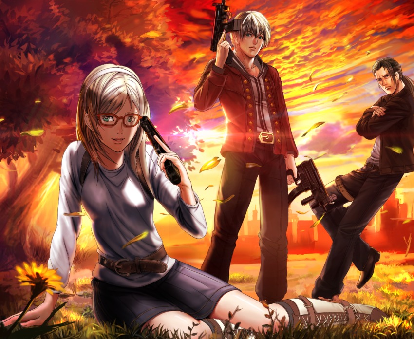 1girl 2boys alternate_costume belt blonde_hair blue_eyes boots dual_wielding end_of_eternity flower glasses gun hairband handgun holding jacket junsaaaan leather leather_jacket long_sleeves multiple_boys reanbell red-framed_eyewear sitting skirt striped_sleeves submachine_gun sunset tree vashyron weapon zephyr_(end_of_eternity)