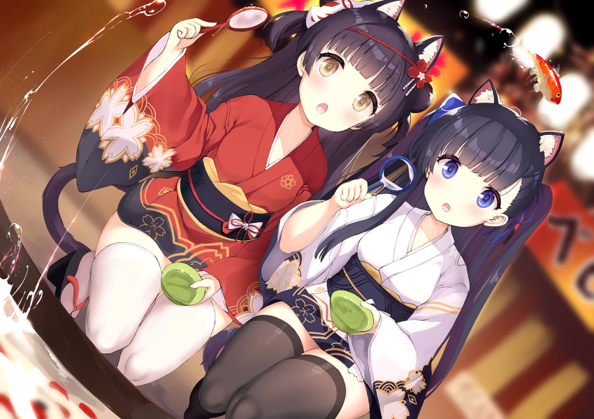 2girls animal animal_ear_fluff animal_ears azur_lane black_footwear black_hair black_legwear blue_eyes blurry blurry_background blush brown_eyes cat_ears cat_girl cat_tail commentary_request depth_of_field dutch_angle fish fox_mask goldfish goldfish_scooping hatsuharu_(azur_lane) high_heels highres holding japanese_clothes kimono long_hair mask mask_on_head multiple_girls obi ochinsama open_mouth poi_(goldfish_scoop) red_kimono sandals sash squatting tail thighhighs two_side_up very_long_hair water white_kimono white_legwear yukata yuugure_(azur_lane) yuugure_(summer_festival_shopping)_(azur_lane) zouri