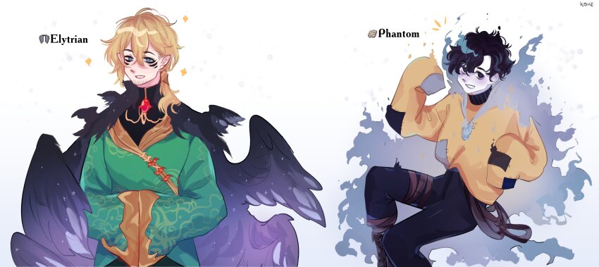 2boys absurdres adapted_costume bandaged_leg bandages bird_boy bird_wings black_hair blonde_hair blue_eyes cape elytra_(minecraft) english_text gem green_robe highres kohhekuu long_hair long_sleeves looking_at_viewer male_focus minecraft minecraft_youtube multiple_boys origins_smp ph1lza ph1lza_(elytrian) phantom_membrane ponytail robe sleeves_past_fingers sleeves_past_wrists strap sweater white_background wide_sleeves wilbur_soot wilbur_soot_(phantom) wings yellow_sweater
