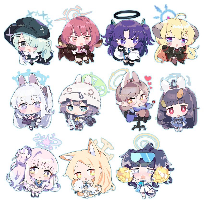 6+girls absurdres akari_(blue_archive) animal_ear_fluff animal_ears aqua_eyes aru_(blue_archive) black_hair black_headwear blonde_hair blue_archive breasts brown_hair candy chair chibi dog_ears dog_girl dog_tail fake_animal_ears food glasses gradient_hair gun hair_bun hair_ornament hair_over_one_eye halo hat heart helmet hibiki_(blue_archive) hibiki_(cheer_squad)_(blue_archive) highres hiyori_(blue_archive) holding holding_weapon horns jacket leaf leaf_on_head lollipop long_hair medium_breasts mika_(blue_archive) miyako_(blue_archive) miyu_(blue_archive) moe_(blue_archive) multicolored_hair multiple_girls one_eye_closed open_mouth pantyhose pink_hair pleated_skirt pom_pom_(cheerleading) purple_hair sailor_collar saki_(blue_archive) sample_watermark school_uniform seia_(blue_archive) serafuku short_hair simple_background single_side_bun sitting skirt tail tanikomotimoti two_side_up very_long_hair watermark weapon white_background yuuka_(blue_archive)