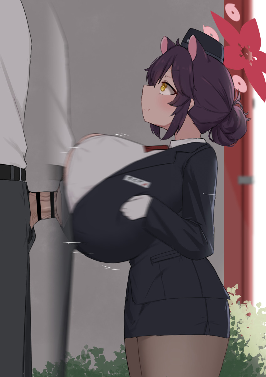 1boy 1girl absurdres animal_ears bar_censor black_hair blue_archive blush breasts censored clothes erection grabbing_own_breast head_out_of_frame height_difference hetero highres huge_breasts kaede_(blue_archive) large_penis long_hair looking_at_viewer noe_(ppppriver) open_mouth paizuri paizuri_under_clothes penis perpendicular_paizuri shortstack standing_paizuri veins veiny_penis yellow_eyes
