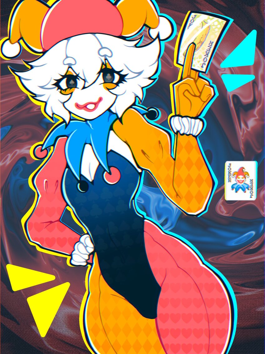 1boy abstract_background balatro black_eyes black_leotard blue_collar bodysuit breasts bulge card cleavage clown clown_boy club-shaped_pupils collar colored_skin commentary covered_navel english_commentary feet_out_of_frame hair_between_eyes hat highres hosses jester jester_boy jester_cap jimbo_(balatro) leotard looking_at_viewer male_focus mismatched_pupils orange_bodysuit pectoral_cleavage pectorals personification pink_bodysuit playing_card scanlines short_hair solo spade-shaped_pupils trap two-tone_bodysuit white_hair white_skin