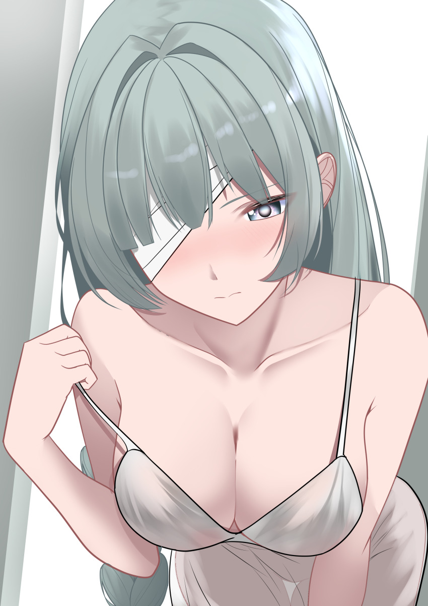 1girl absurdres alternate_costume bandage_over_one_eye bare_shoulders blush breasts cleavage closed_mouth collarbone commentary cowboy_shot dress english_commentary grey_hair hair_intakes highres leaning_forward long_hair looking_at_viewer low-braided_long_hair low-tied_long_hair phrolova_(wuthering_waves) solo strap_slip white_dress white_eyes wuthering_waves xueli_shimazaki