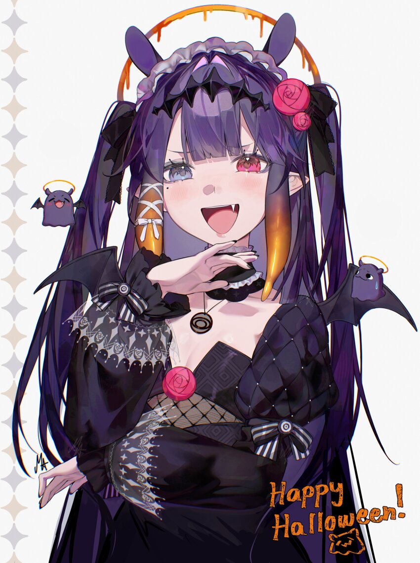 1girl :d absurdres alternate_costume ani_019 bat_wings black_choker black_dress blue_eyes center-flap_bangs choker commentary dress english_commentary fang flat_chest frilled_choker frilled_hairband frills gradient_hair hair_ribbon hairband halo hand_up happy_halloween heterochromia highres hololive hololive_english jewelry juliet_sleeves long_hair long_sleeves looking_at_viewer mini_wings mole mole_under_eye multicolored_hair necklace ninomae_ina&#039;nis ojou-sama_pose open_mouth orange_hair pointy_ears puffy_sleeves purple_eyes purple_hair quilted_clothes ribbon sidelocks sleeves_past_wrists smile solo takodachi_(ninomae_ina&#039;nis) teeth tentacle_hair two_side_up upper_teeth_only very_long_hair virtual_youtuber wings