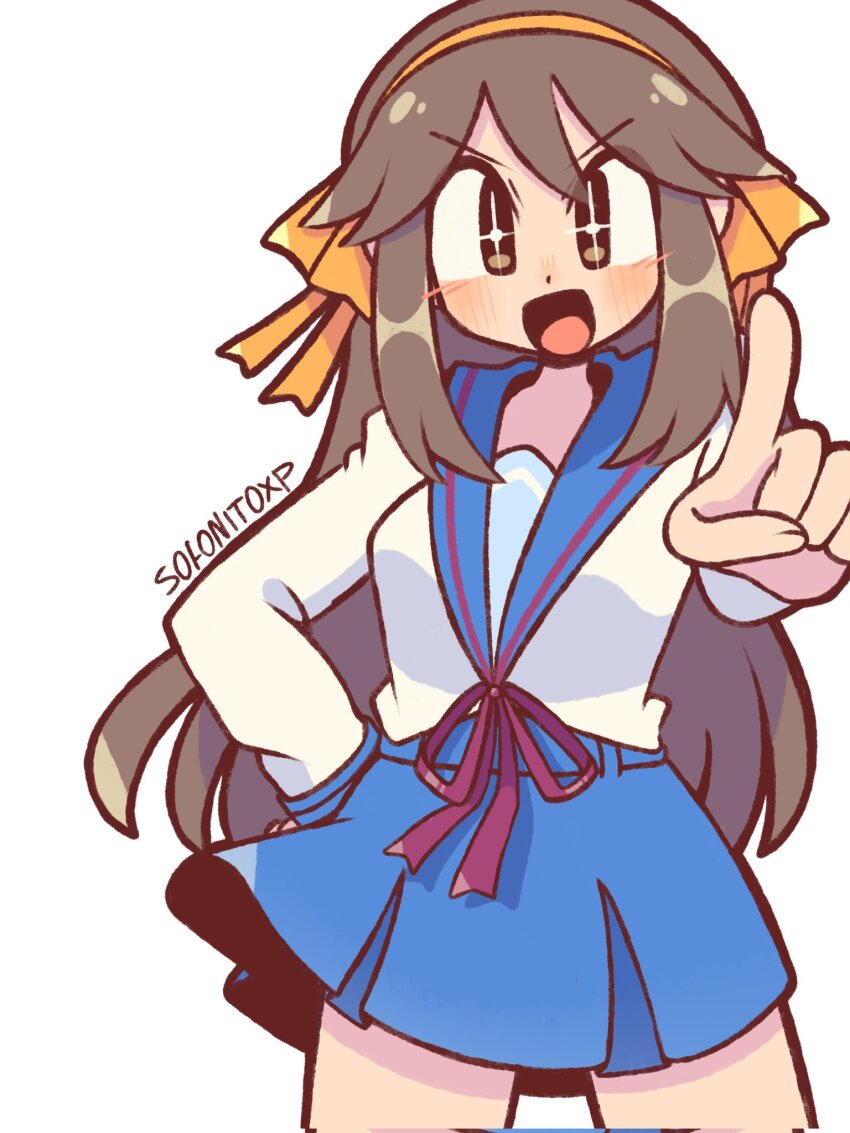 +_+ 1girl blue_skirt brown_eyes brown_hair corrupted_twitter_file cosplay hair_ribbon highres leaf_(pokemon) long_sleeves nintendo pointing pointing_at_viewer pokemon pokemon_frlg ribbon school_uniform simple_background skirt sofo_soup solo suzumiya_haruhi suzumiya_haruhi_(cosplay) suzumiya_haruhi_no_yuuutsu white_background yellow_ribbon