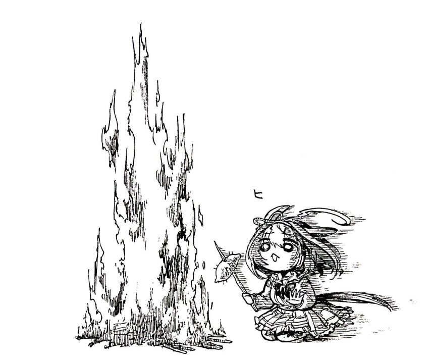 1girl ahoge bow bowtie chibi fire food greyscale highres holding holding_stick horse_girl horse_tail kneeling long_sleeves mame_nabe_donko meisho_doto_(umamusume) monochrome open_mouth roasted_sweet_potato school_uniform shirt short_hair skirt solo stick sweet_potato tail tracen_school_uniform umamusume