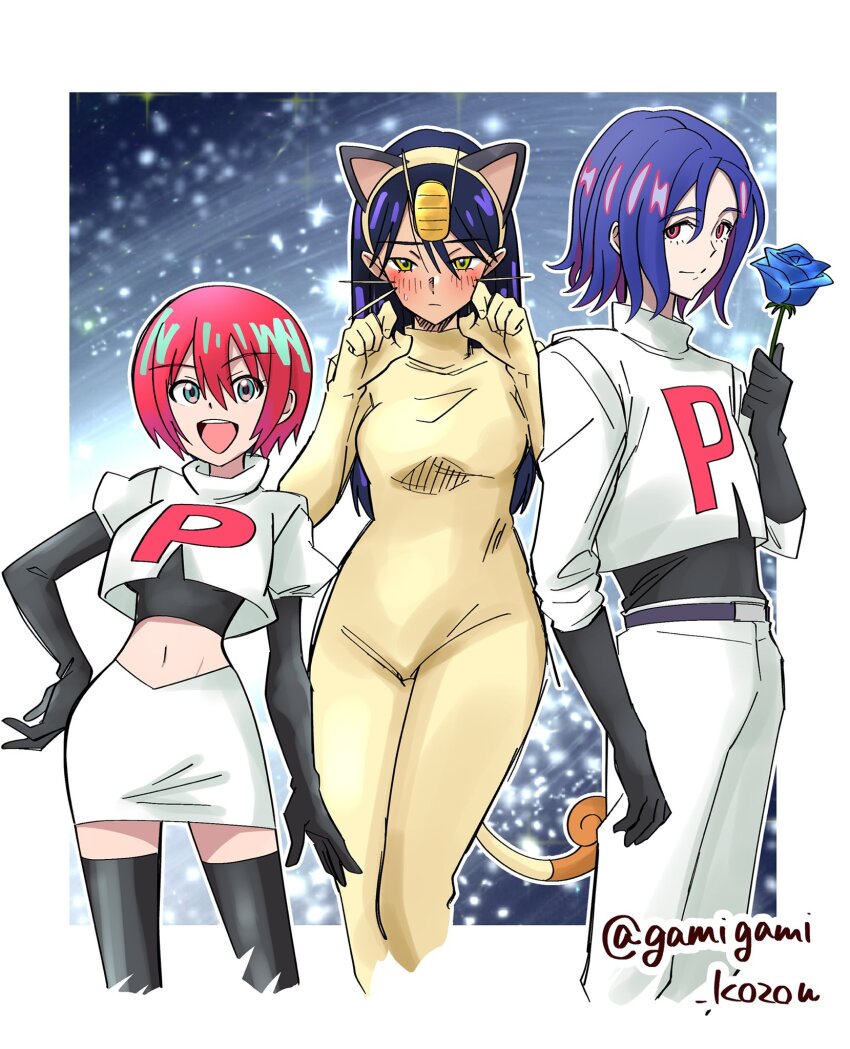 1boy 2girls amate_yuzuriha animal_costume animal_ear_hairband animal_ears aqua_eyes artist_name black_gloves blue_flower blue_hair blue_rose blush border cat_costume cat_ear_hairband cat_ears cat_tail colored_inner_hair commentary_request cosplay creatures_(company) crop_top elbow_gloves fake_animal_ears flower game_freak gamigami_maou_(artist) gen_1_pokemon gloves gundam gundam_gquuuuuux hairband highres holding holding_flower jacket james_(pokemon) james_(pokemon)_(cosplay) jessie_(pokemon) jessie_(pokemon)_(cosplay) kigurumi long_hair looking_at_viewer lower_eyelashes_only meowth meowth_(cosplay) midriff multicolored_hair multiple_girls navel nintendo nyaan_(gundam_gquuuuuux) open_mouth pants pokemon pokemon_(anime) purple_hair red_eyes red_hair rose shirt short_hair shuji_ito skirt smile sweatdrop tail team_rocket team_rocket_uniform thighhighs twitter_username two-tone_hair white_border white_jacket white_skirt yellow_eyes