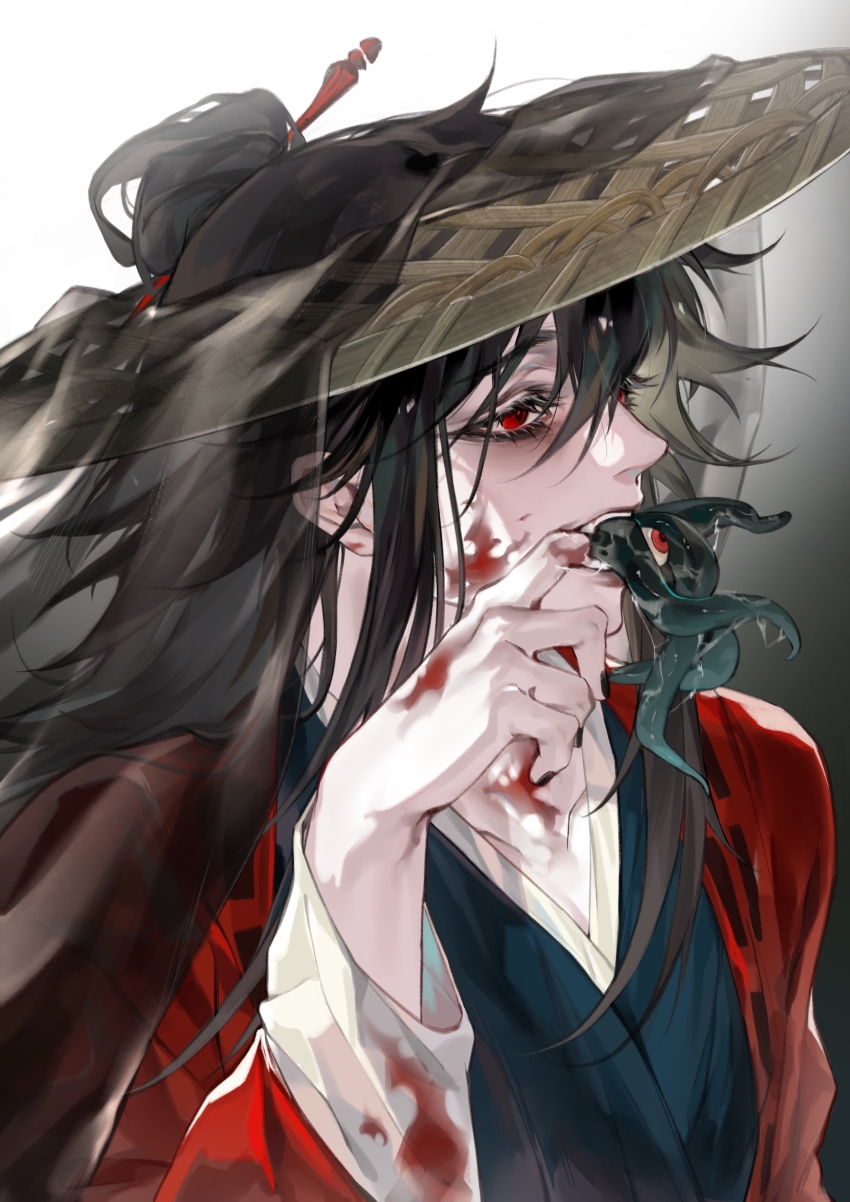 1boy 5236905043 absurdres ajirogasa black_hair black_hanfu black_nails black_veil blood blood_on_clothes blood_on_face blood_on_hands chinese_clothes chinese_commentary coat dao_gui_yi_xian eyeball eyelashes finger_in_own_mouth gradient_background hair_bun hair_ornament hair_stick hand_up hanfu hat highres li_huowang licking long_hair long_sleeves male_focus red_coat red_eyes robe saliva single_hair_bun solo straw_hat tentacles upper_body veil weimao white_background