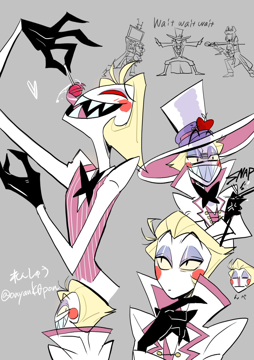 3boys absurdres alastor_(hazbin_hotel) black_footwear blonde_hair blush_stickers demon_boy evil_grin evil_smile formal_clothes grin hair_slicked_back hazbin_hotel highres kin_(58n58n58n) lucifer_morningstar_(hazbin_hotel) multiple_boys smile suit vox_(hazbin_hotel) white_suit