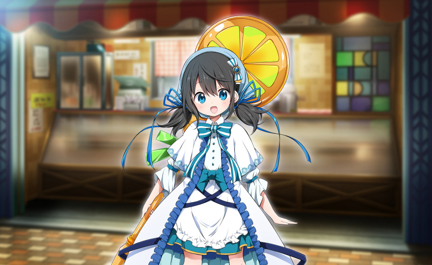 1girl apron artist_request black_hair blue_bow blue_bowtie blue_eyes blue_gemstone blue_headscarf blue_ribbon blue_skirt bow bowtie buttons capelet cash_register ceiling_light chiaki_riko collared_shirt cowboy_shot display_case dot_nose food_pick frilled_apron frilled_robe frilled_sleeves frills game_cg gem gem_hair_ornament hair_between_eyes hair_bow hair_ribbon headscarf highres holding indoors knees light_blush long_hair long_sleeves loose_hair_strand low_twintails magia_record:_mahou_shoujo_madoka_magica_gaiden magical_girl mahou_shoujo_madoka_magica mahou_shoujo_madoka_magica_magia_exedra miniskirt night note official_art open_mouth outline oversized_object pleated_capelet pleated_skirt puffy_long_sleeves puffy_sleeves ribbon robe shirt shop short_twintails sidewalk skirt smile solo standing striped_bow striped_bowtie striped_clothes tareme three-quarter_sleeves twintails waist_apron waist_bow white_apron white_bow white_capelet white_outline white_robe white_shirt window