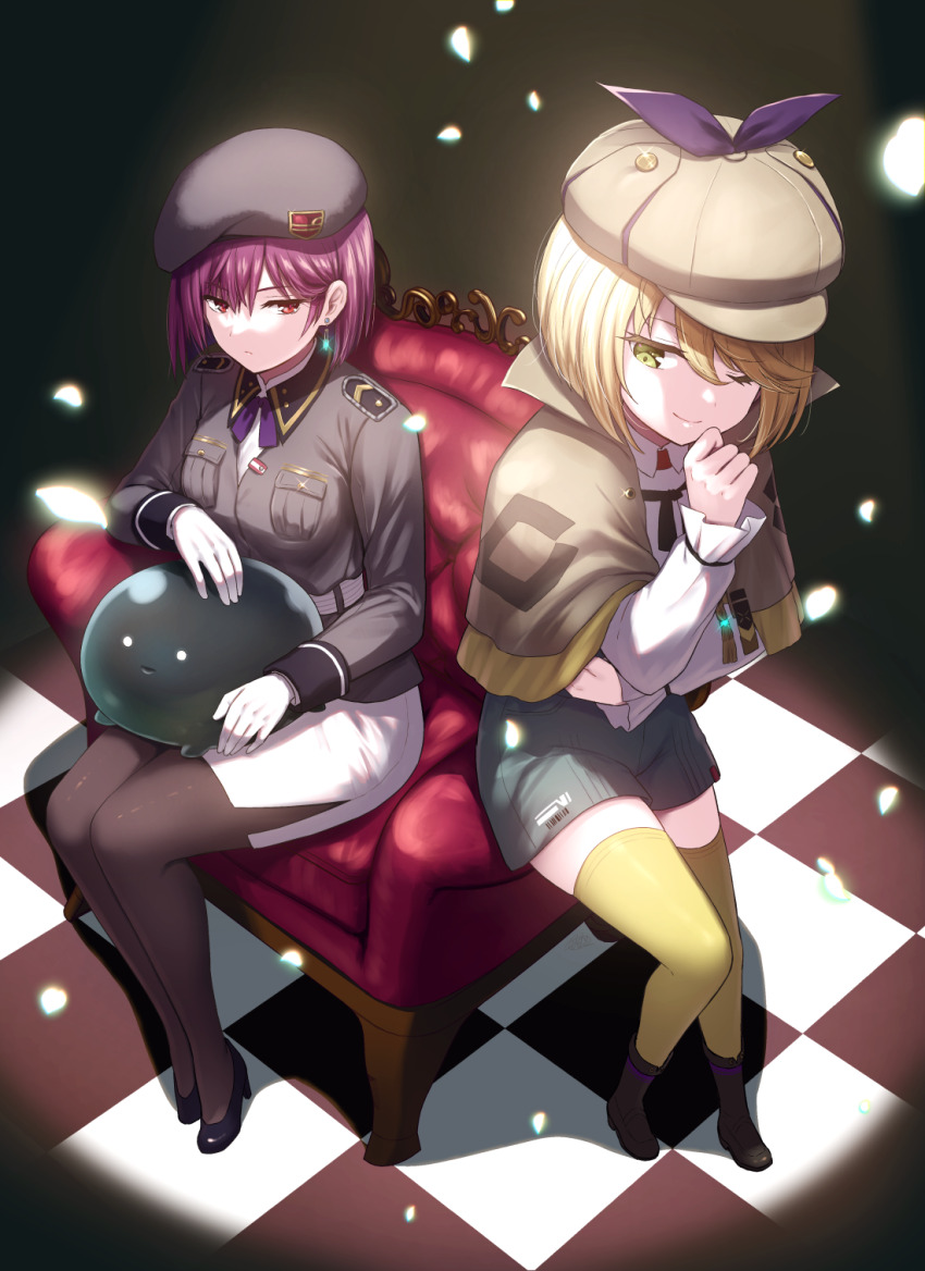2girls ;) armchair black_footwear black_jacket black_pantyhose black_skirt blonde_hair blunt_ends bob_cut boots brown_capelet brown_hat capelet chair checkered_floor clenched_hand collared_shirt commentary_request detective earrings eyelashes falling_petals foreshortening from_above glint grey_shorts hair_behind_ear hand_up hat hat_ribbon heaven_burns_red high_heels highres hip_vent jacket jewelry long_sleeves looking_at_viewer military_hat military_uniform multiple_girls nakamura_hinato narvy_(heaven_burns_red) neck_ribbon on_chair one_eye_closed pantyhose peaked_cap pencil_skirt petals purple_hair purple_ribbon red_eyes ribbon shirt short_hair shorts sitting skirt smile spotlight standing stud_earrings swept_bangs tezuka_saki thighhighs tsurime vignetting white_shirt yellow_eyes yellow_thighhighs zettai_ryouiki