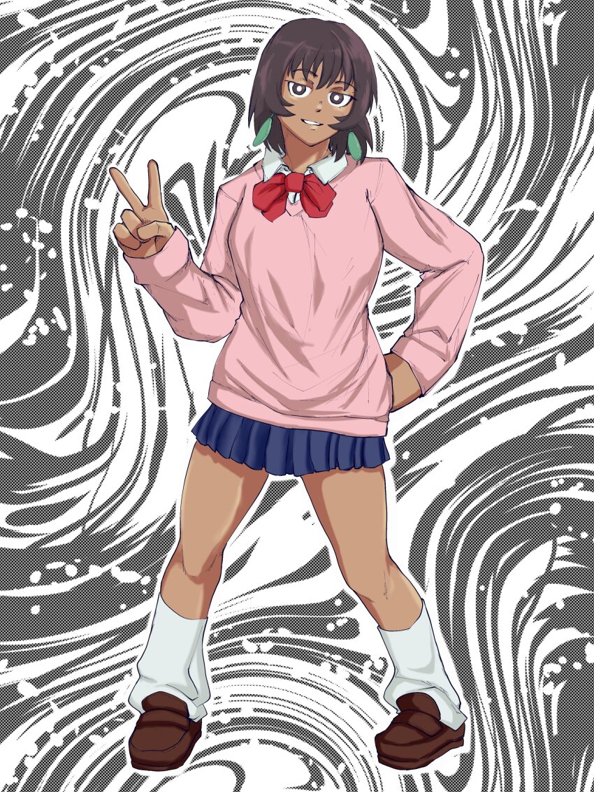 absurdres ameh_li ayase_momo ayase_momo_(cosplay) azumanga_daiou blue_skirt bow brown_eyes brown_hair brown_shoes cosplay dandadan dark-skinned_female dark_skin earrings full_body hand_up highres jewelry kagura_(azumanga_daioh) leg_warmers loafers pink_sweater red_bow shoes skirt standing sweater v white_leg_warmers