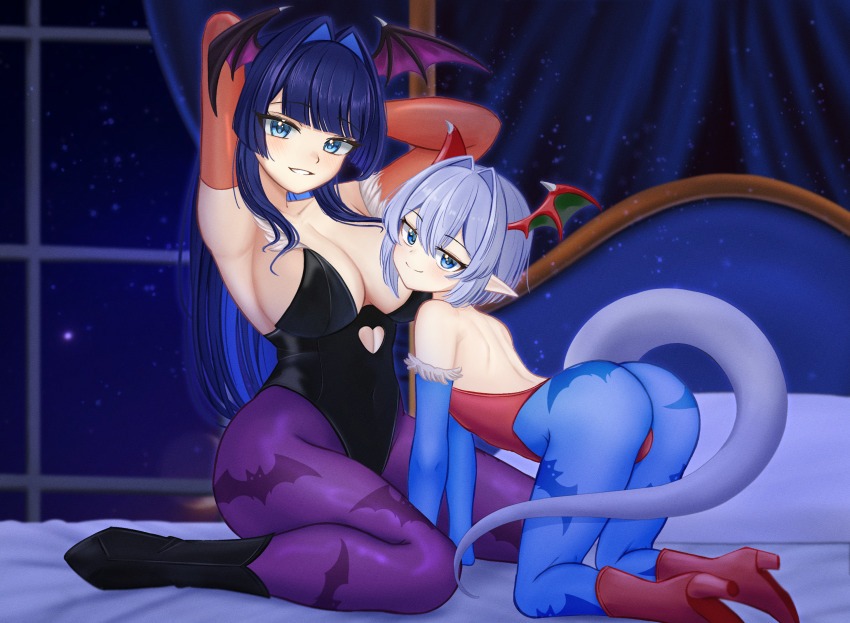1boy 1girl all_fours animal_print arm_up armpits arms_behind_head ass backless_leotard bare_arms bare_back bare_shoulders basher bat_print bed black_boots black_leotard blue_eyes blue_gloves blue_hair blue_pantyhose blunt_bangs boots boros_(ouro_kronii) breasts canopy_bed censored cleavage colored_inner_hair commentary cosplay covered_navel crossdressing darkstalkers demon_wings elbow_gloves english_commentary fur-trimmed_gloves fur_trim gloves grey_hair hair_between_eyes hair_intakes head_wings heart heart_censor high_heel_boots high_heels highres hololive hololive_english indoors large_breasts leotard lilith_(darkstalkers) lilith_(darkstalkers)_(cosplay) long_hair looking_at_viewer male_focus morrigan_aensland morrigan_aensland_(cosplay) multicolored_hair night on_bed orange_gloves ouro_kronii pantyhose parted_lips personification pointy_ears print_pantyhose purple_pantyhose red_boots red_leotard short_hair sitting smile snake_boy snake_tail strapless strapless_leotard tail trap two-tone_hair virtual_youtuber wariza window wings