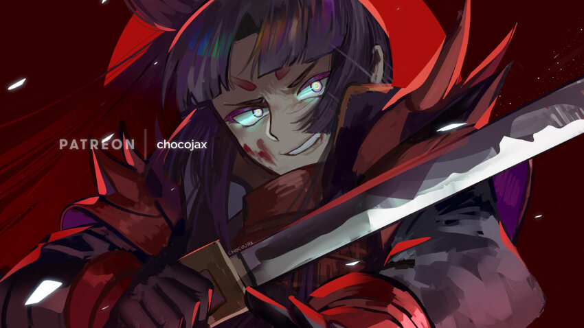 1girl armor artist_name black_hair blood blood_on_face breasts chocojax commentary evil_grin evil_smile facial_mark fate/grand_order fate_(series) fighting_stance grin hair_bun heian-kyou_(fate/grand_order) highres holding holding_sword holding_weapon japanese_armor japanese_clothes katana kote long_hair looking_at_viewer moon patreon_username red_background red_moon side_ponytail sidelocks single_hair_bun smile solo sword taira_no_kagekiyo_(fate) taira_no_kagekiyo_(second_ascension)_(fate) ushiwakamaru_(fate) weapon