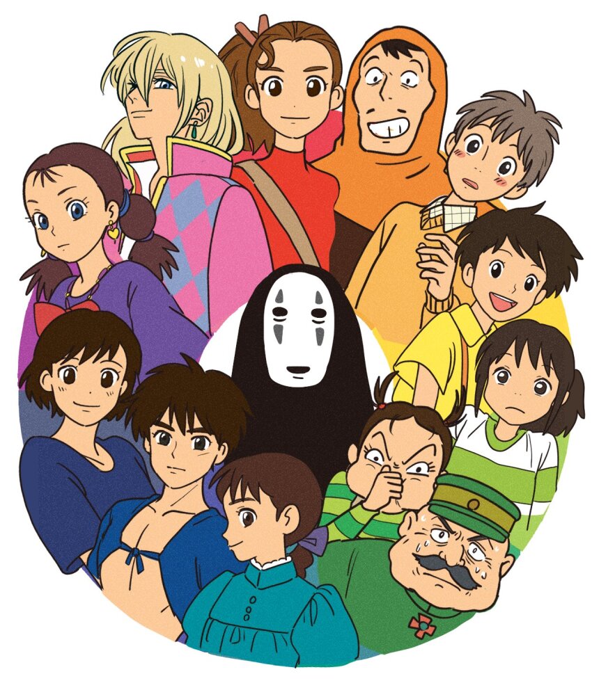 1other 5boys 6+girls aaya_to_majo arrietty ashitaka bow braid character_request coat color_wheel_challenge commentary_request company_connection copyright_request earrings earwig_(aaya_to_majo) facial_hair frown general_mouro grin hair_bow hat highres hood howl_(howl_no_ugoku_shiro) howl_no_ugoku_shiro jewelry kaonashi karigurashi_no_arrietty kiki_(majo_no_takkyuubin) kusakabe_satsuki louis_(laputa) majo_no_takkyuubin mononoke_hime multiple_boys multiple_drawing_challenge multiple_girls mustache ogino_chihiro orange_sweater pink_coat ponytail rikaco1988 sen_to_chihiro_no_kamikakushi senior_witch_(majo_no_takkyuubin) shirt short_twintails smile sophie_(howl_no_ugoku_shiro) striped_clothes striped_shirt studio_ghibli suspenders sweat sweater tenkuu_no_shiro_laputa tonari_no_totoro turtleneck twin_braids twintails