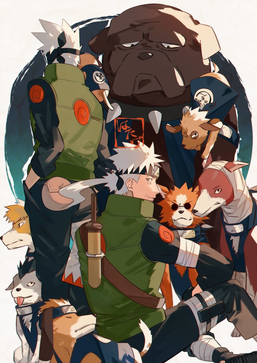 2boys akino_(naruto) animal animal_on_shoulder asymmetrical_sleeves bandages bisuke_(naruto) bull_(naruto) character_name clothed_animal collar commentary_request copyright_request dog facing_away father_and_son floating_hair forehead_protector green_vest grey_eyes guruko_(naruto) hand_in_pocket hatake_kakashi hatake_sakumo henohenomoheji highres konohagakure_symbol long_hair male_focus mirin_(coene65) mismatched_sleeves multiple_boys naruto_(series) on_shoulder oversized_animal pakkun_(naruto) ponytail pouch sheath sheathed shiba_(naruto) short_hair sitting smile spiked_collar spikes standing sunglasses thigh_pouch urushi_(naruto) uuhei_(naruto) vest white_hair