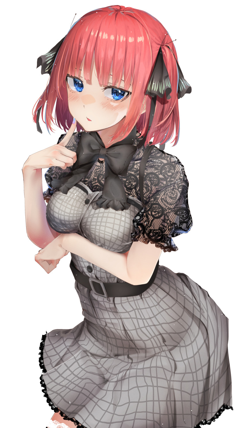 1girl absurdres black_bow black_bowtie black_ribbon blue_eyes blush bow bowtie breasts dress go-toubun_no_hanayome grey_dress hair_ribbon highres lace lace-trimmed_dress lace_trim large_breasts looking_at_viewer nakano_nino parted_lips pink_hair plaid_clothes plaid_dress ribbon short_hair simple_background solo standing white_background yuunamida_uyu