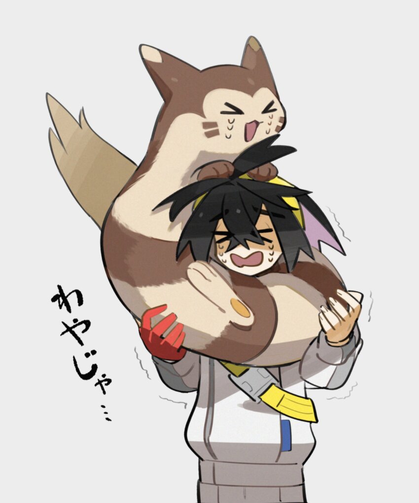 &gt;_&lt; 1boy absurdres black_hair closed_eyes crossed_bangs crying furret gen_2_pokemon gloves grey_background hair_between_eyes hairband highres higuchi_megumi jacket kieran_(pokemon) long_sleeves male_focus multicolored_hair nintendo on_shoulder open_mouth pokemon pokemon_(creature) pokemon_on_shoulder pokemon_sv purple_hair red_gloves simple_background single_glove translation_request trembling white_jacket yellow_hairband