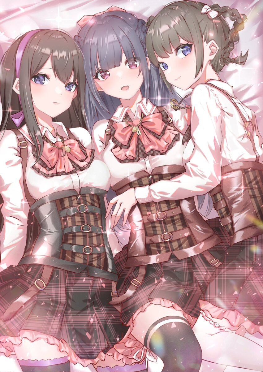 3girls arms_at_sides assault_lily bed_sheet belt belt_buckle black_belt black_thighhighs blue_eyes blunt_bangs bow bowtie braid breasts brown_belt brown_hair brown_skirt buckle closed_mouth collared_shirt commentary corset french_braid frilled_thighhighs frills fukuyama_jeanne_sachie girl_sandwich grey_hair hair_bow hairband hand_on_another&#039;s_stomach highres houji_tea_latte jewelry kishimoto_lucia_raimu kishimoto_maria_mirai leg_ribbon light_blush light_particles long_hair long_sleeves looking_at_viewer looking_to_the_side ludvico_private_girls&#039;_academy_school_uniform lying medium_breasts miniskirt multiple_belts multiple_girls necklace on_back on_side open_mouth pendant pink_bow pink_bowtie pink_eyes plaid_clothes plaid_skirt purple_eyes purple_hairband ribbon sandwiched school_uniform shirt short_hair siblings side-by-side sidelocks sisters skirt smile sparkle suspenders thigh_ribbon thighhighs twin_braids twintails underbust white_bow white_ribbon white_shirt white_thighhighs