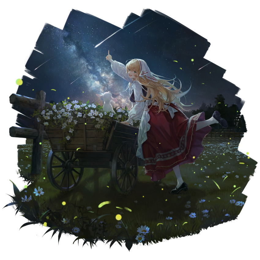 1girl :d apron black_shoes black_vest blonde_hair breasts daisy fang fence field flower from_side full_body girls&#039;_frontline grass highres index_finger_raised lamb large_breasts leaning_on_object light_particles long_hair long_sleeves looking_at_viewer mary_janes meadow nin_(lion) official_alternate_costume official_art open_mouth outdoors pantyhose red_skirt s.a.t.8_(ballad_of_twilight_blossoms)_(girls&#039;_frontline) s.a.t.8_(girls&#039;_frontline) shadow sheep shirt shoe_soles shoes shooting_star skirt sky smile solo standing standing_on_one_leg teeth third-party_source transparent_background tree upper_teeth_only veil very_long_hair vest wagon white_apron white_pantyhose white_shirt white_veil wooden_fence