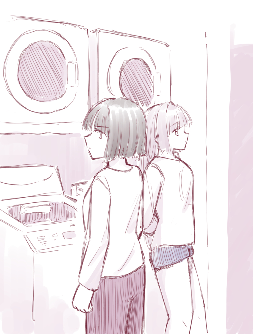 2girls absurdres anyoji_hime black_hair black_pants blue_shorts blunt_bangs blunt_ends breasts clenched_hand closed_mouth commentary_request grey_hair hair_down highres limited_palette link!_like!_love_live! long_hair long_sleeves love_live! medium_breasts momose_ginko multiple_girls pants partially_colored shirt short_shorts shorts standing top-load_washing_machine virtual_youtuber waiting washing_machine white_shirt zangemiya